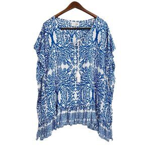 NVELOP Swim Cover Up Sun UV Protection Blue White Printed Womens Size S/M Tassel